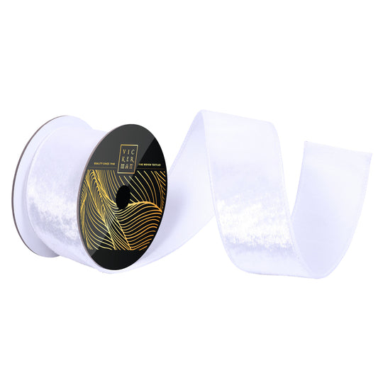 2.5" x 10yd White Velvet Luster Wired Ribbon. White Dupion Backing - Burlap and Bling Decor