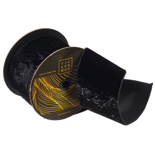 4"x10yd Black Velvet Luster Wired Ribbon - Burlap and Bling Decor