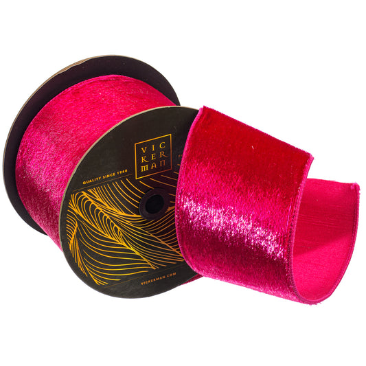 4"x10yd Fuchsia Velvet Luster Wired Ribbon - Burlap and Bling Decor