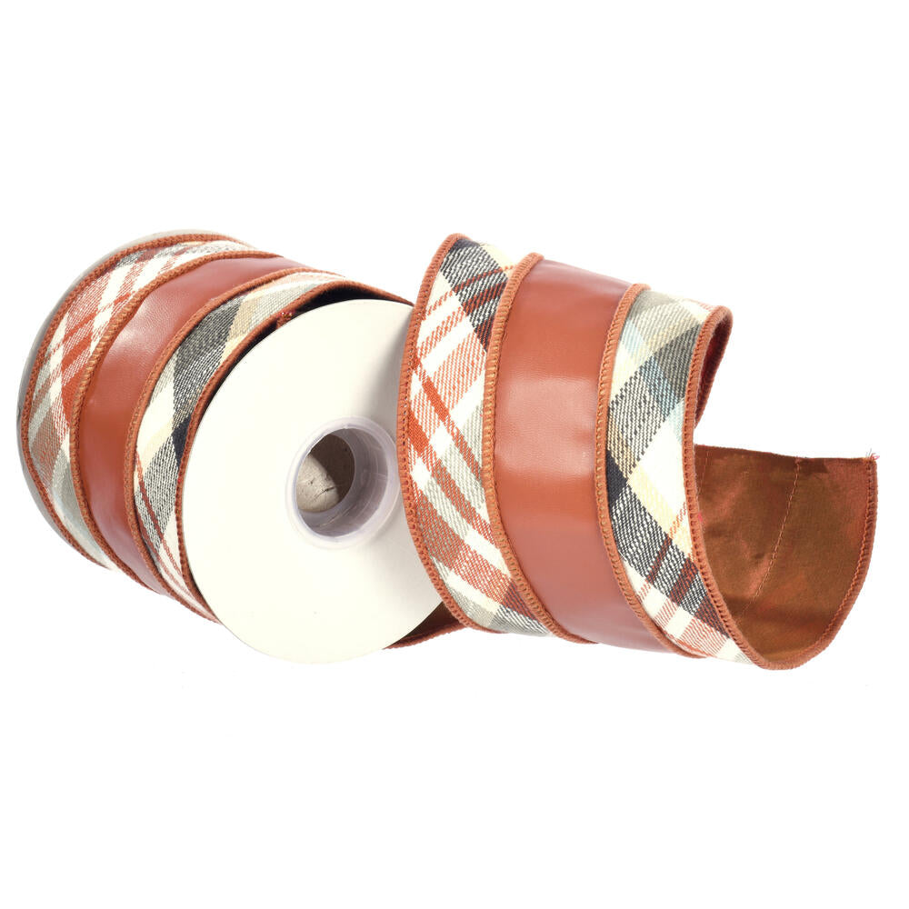 4"x5 yd Brown Check/Pleather Wired Ribbon - Burlap and Bling Decor