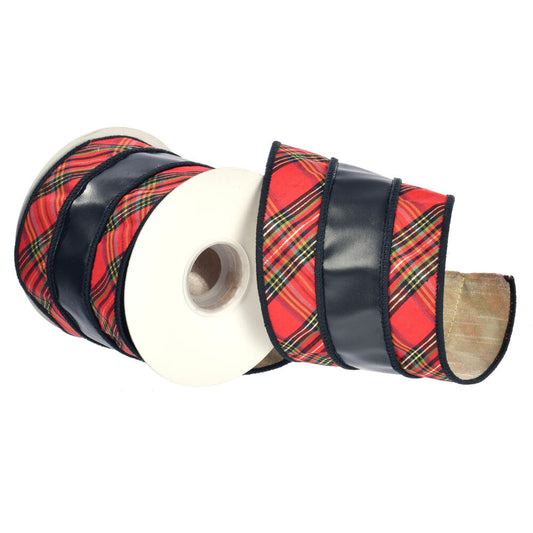 4"x5 yd Black Pleather/Red Plaid WiredRibbon - Burlap and Bling Decor