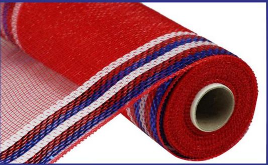 10" x 10yd Border Stripe Metallic Mesh Red,White,Blue - Burlap and Bling Decor