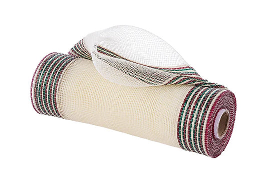 10"X10YD BORDER STRIPE MESH CREAM/BURGUNDY/HUNTER GRN