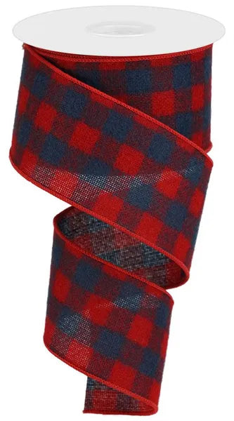 2.5"X10YD FUZZY FLANNEL BUFFALO PLAID RED/NAVY WIRED RIBBON - Burlap and Bling Decor