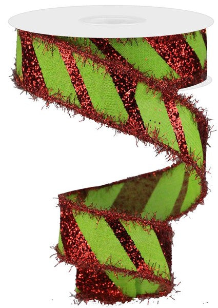 1.5"X10YD DIAGONAL STICK GLITTER/ROYAL Color: LIME GREEN/RED