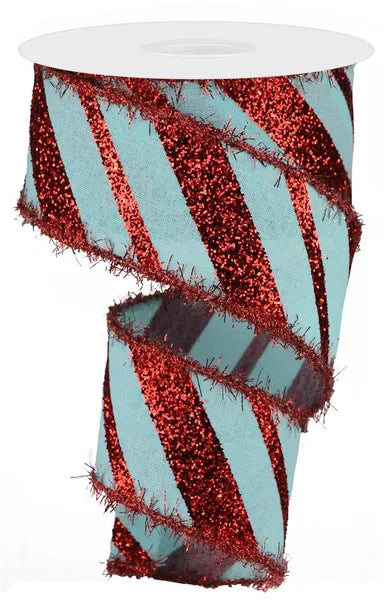 2.5"X10YD DIAG GLITTER/TINSEL ICE BLUE/RED WIRED RIBBON - Burlap and Bling Decor