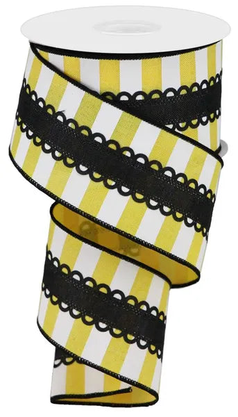 2.5"X10YD 2-IN-1 LACE/HORIZONTAL STRIPE YELLOW/WHITE - Burlap and Bling Decor