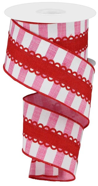 2.5"X10YD 2-IN-1 LACE/HORIZONTAL STRIPE PINK/WHITE/RED