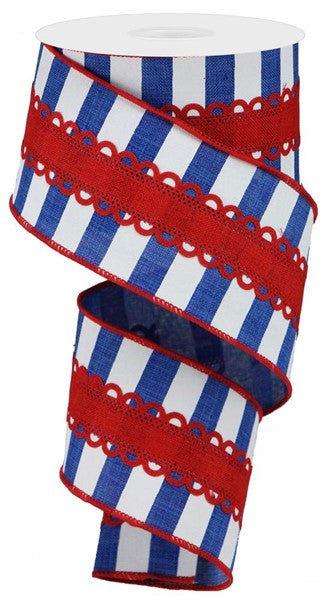 2.5"X10YD 2-IN-1 LACE/HORIZONTAL STRIPE ROYAL BLUE/WHITE/RED