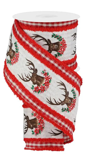 4"X10YD 2-IN-1 DEER/GINGHAM/DRIFT IVORY/BROWN/GREEN/RED WIRED RIBBON - Burlap and Bling Decor