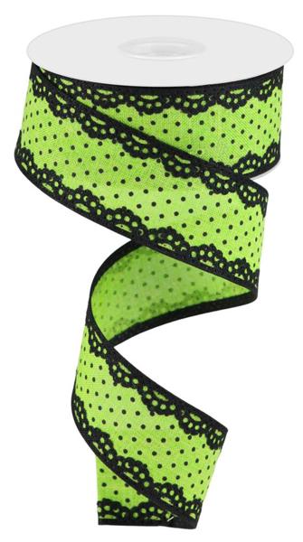 1.5"X10YD RAISED SWISS DOTS W/LACE Color: LIME GREEN/BLACK