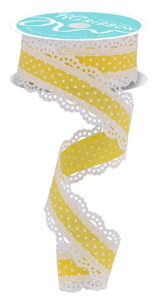 1.5"X10YD RAISED SWISS DOTS W/LACE-Yellow/White - Burlap and Bling Decor