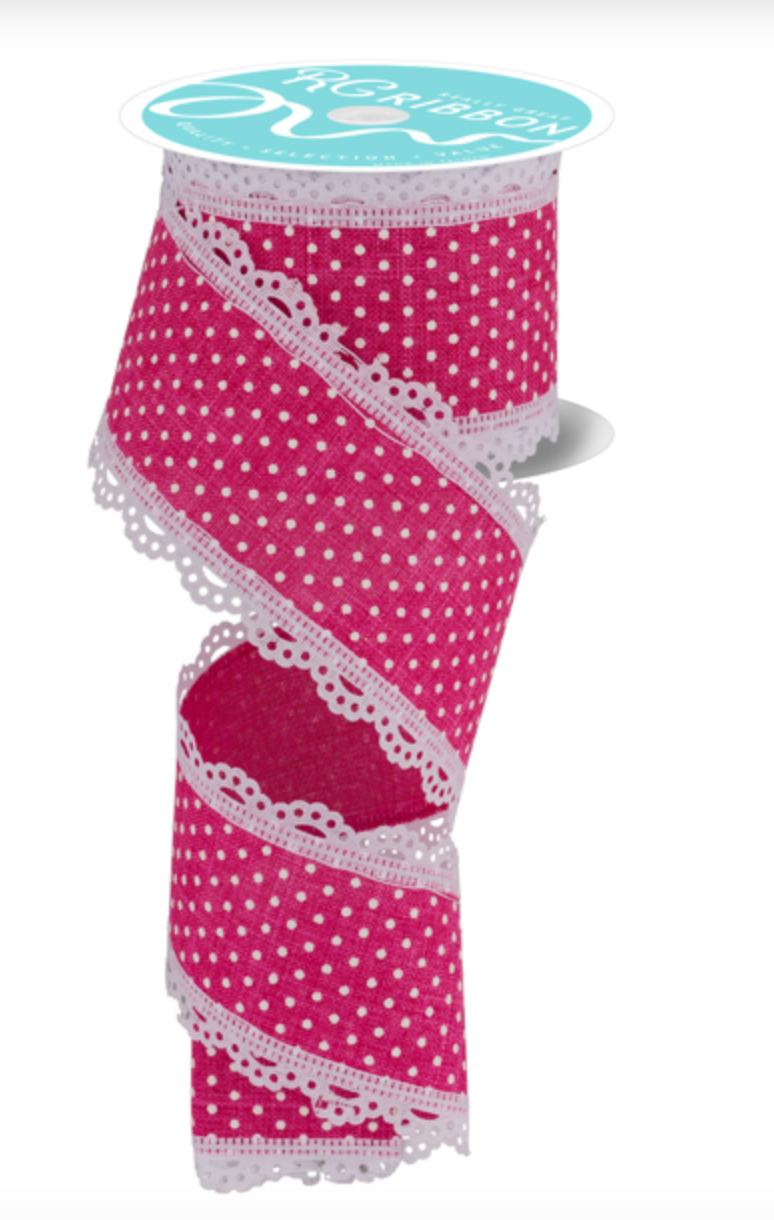 2.5" x 10yd Raised Swiss Dots W/Lace Hot Pink - Burlap and Bling Decor