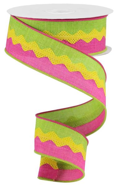 1.5"X10YD 2-IN-1 RICRAC ON ROYAL BURLAP LIME/YELLOW/FUCHSIA