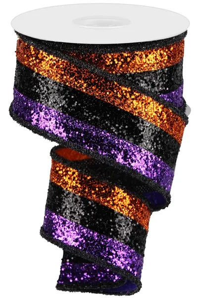 2.5"X10YD 3-IN-1 LARGE GLITTER/TINSEL ORANGE/BLACK/PURPLE WIRED RIBBON