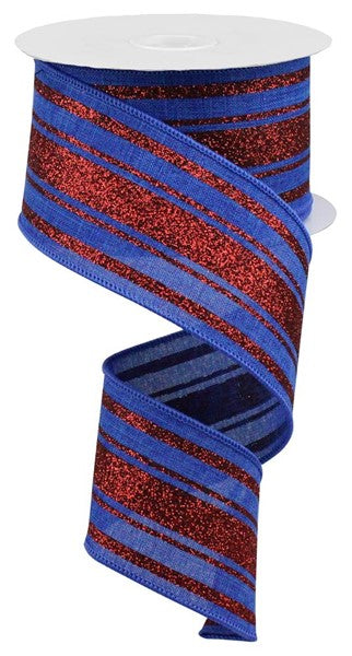 2.5"X10YD GLITTER FARMHOUSE STRIPE ROYAL BLUE/RED