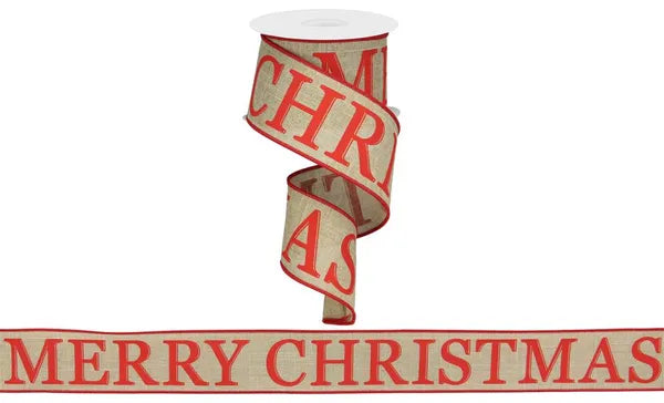 2.5"X10YD MERRY CHRISTMAS ON ROYAL LT BEIGE/RED WIRED RIBBON - Burlap and Bling Decor