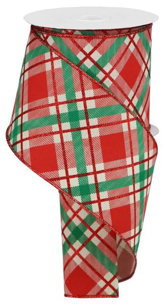 4"X10YD GLITTER PLAID ON ROYAL CREAM/RED/EMERALD WIRED RIBBON - Burlap and Bling Decor