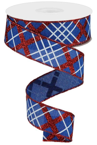 1.5"X10YD GLITTER DIAGONAL PLAID/ROYAL ROYAL BLUE/RED/WHITE