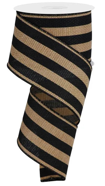 2.5"X10YD VERTICAL STRIPE ON CROSS ROYAL BEIGE/BLACK - Burlap and Bling Decor