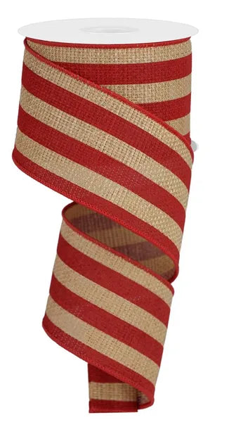 2.5"X10YD VERTICAL STRIPE ON CROSS ROYAL BEIGE/RED - Burlap and Bling Decor