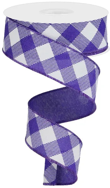 1.5"X10YD DIAGONAL CHECK ON ROYAL PURPLE/WHITE - Burlap and Bling Decor