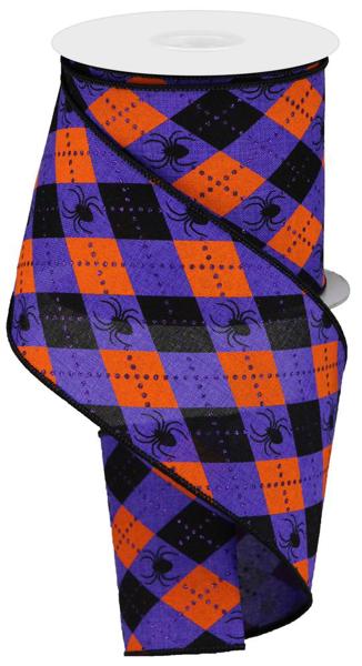 4"X10YD ARGYLE SPIDERS ON ROYAL PURPLE/ORANGE/BLACK - Burlap and Bling Decor