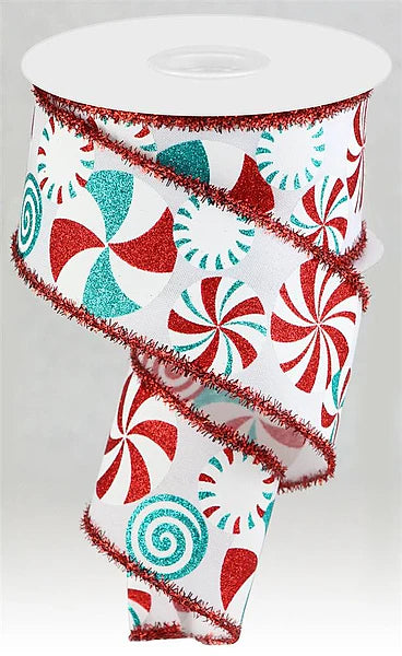 2.5"X10YD BOLD PEPPERMINT/TINSEL WHITE/TURQ/RED