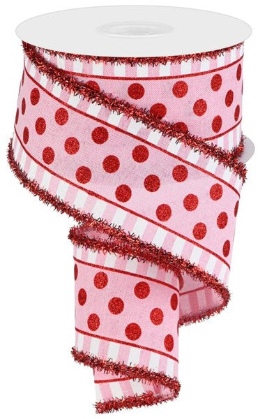 2.5"X10YD GLTTR STRIPES AND DOTS/TINSEL LT PINK/RED/WHITE