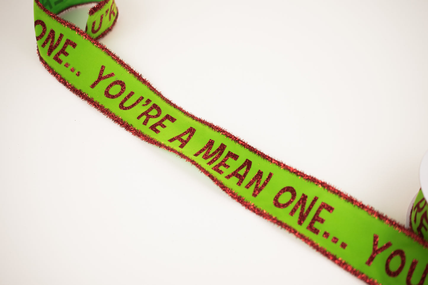 2.5"X10YD YOU'RE A MEAN ONE/VLVT/TINSEL Color: LIME/RED