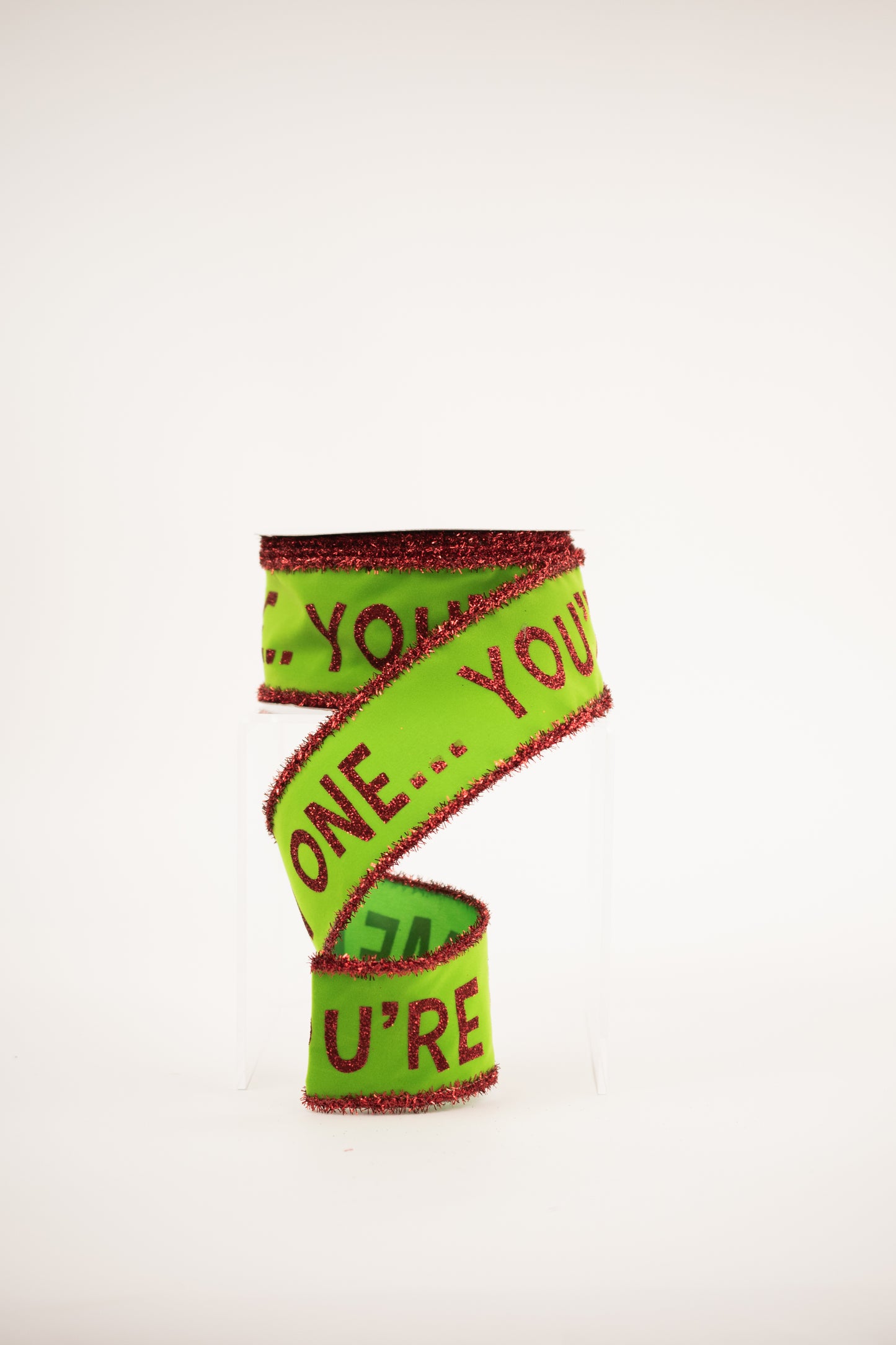2.5"X10YD YOU'RE A MEAN ONE/VLVT/TINSEL Color: LIME/RED