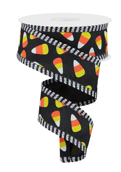 1.5"X10YD MINI CANDY CORN/STRIPE BLACK/WHT/YLW/ORG - Burlap and Bling Decor