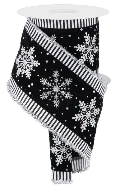 4"X10YD 3-IN-1 SNOWFLAKE/STRIPE/TINSEL BLACK/SILVER/WHITE WIRED RIBBON - Burlap and Bling Decor