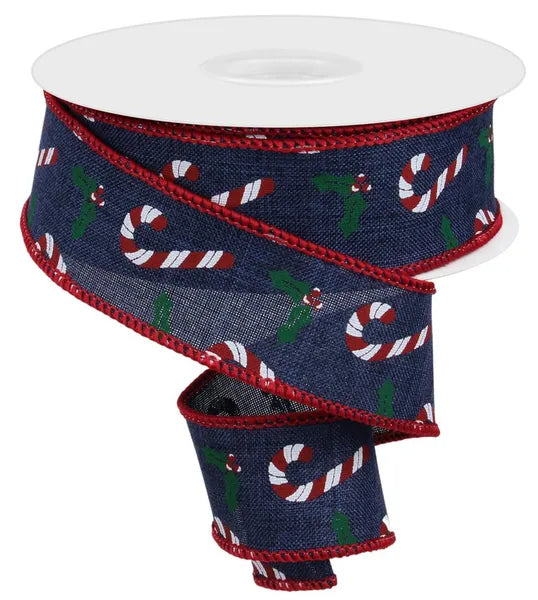 1.5"X10YD CANDY CANES/HOLLY ON ROYAL NAVY/WHT/RED/EMERALD WIRED RIBBON - Burlap and Bling Decor
