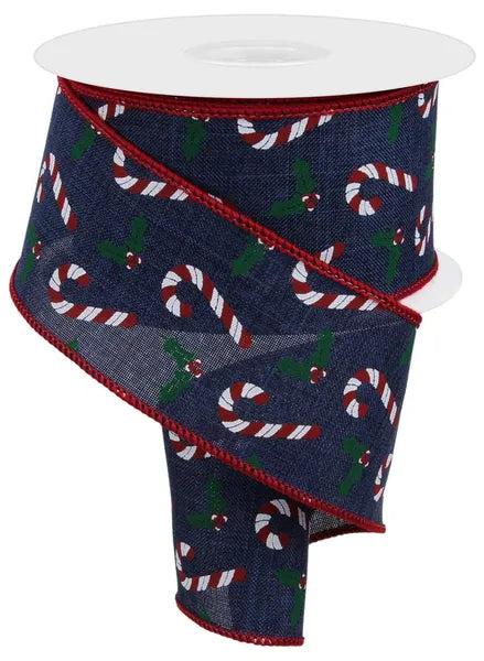 2.5"X10YD CANDY CANES/HOLLY ON ROYAL NAVY/WHT/RED/EMERALD WIRED RIBBON - Burlap and Bling Decor