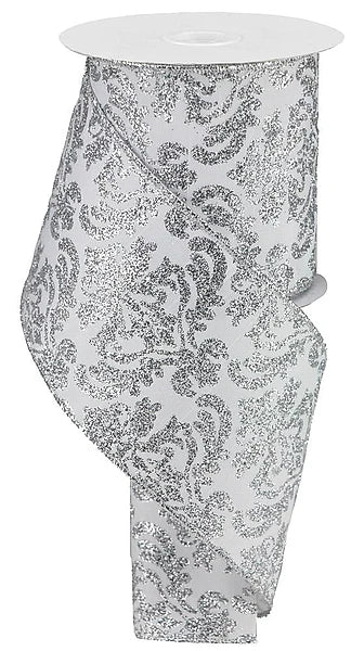4"X10YD BOLD DAMASK/FAUX DUPIONI WHITE/SILVER WIRED RIBBON
