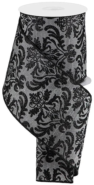 4"X10YD BOLD DAMASK/FAUX DUPIONI GREY/BLACK WIRED RIBBON