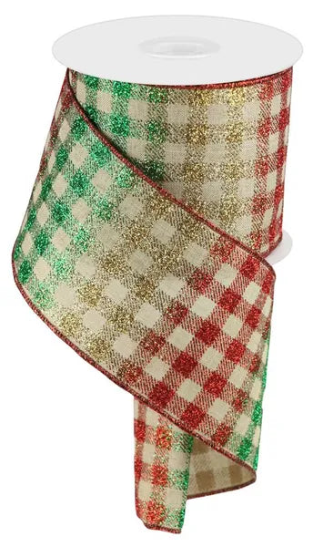 4"X10YD GLITTER GINGHAM CHECK/ROYAL PALE TAN/RED/EMRLD/GOLD WIRED RIBBON - Burlap and Bling Decor