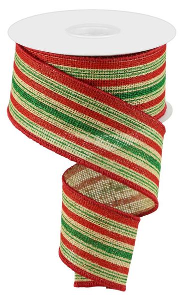 2.5"X10YD VERTICAL STRIPE/FAUX BURLAP NATURAL/DK RED/EMERALD WIRED RIBBON - Burlap and Bling Decor
