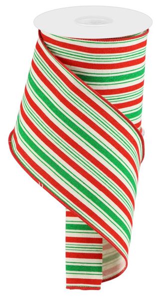 4"X10YD VERTICAL STRIPE/COTTON CREAM/RED/EMERALD WIRED RIBBON - Burlap and Bling Decor