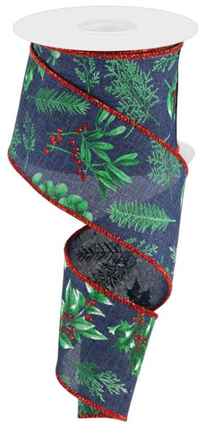 2.5"X10YD WINTER FOLIAGE NAVY/GREEN/RED - Burlap and Bling Decor