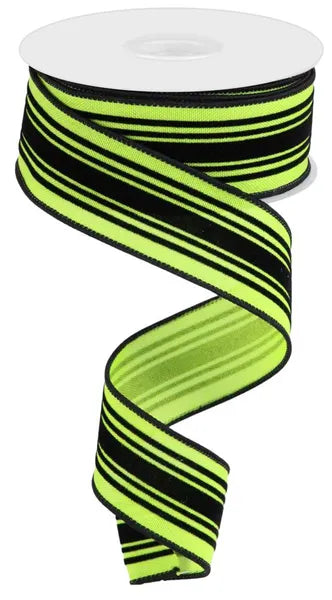 1.5"X10YD VELVET VERTICAL LINES LIME GREEN/BLACK WIRED RIBBON - Burlap and Bling Decor