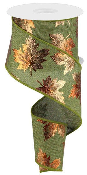 2.5"X10YD FOIL MAPLE LEAF ON ROYAL FERN/MOSS - Burlap and Bling Decor