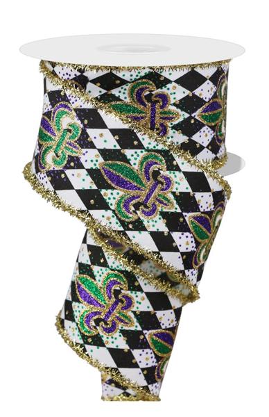 2.5"X10YD FLEUR DE LIS HARLEQUIN/TNSL BLACK/WHITE/MARDI GRAS - Burlap and Bling Decor