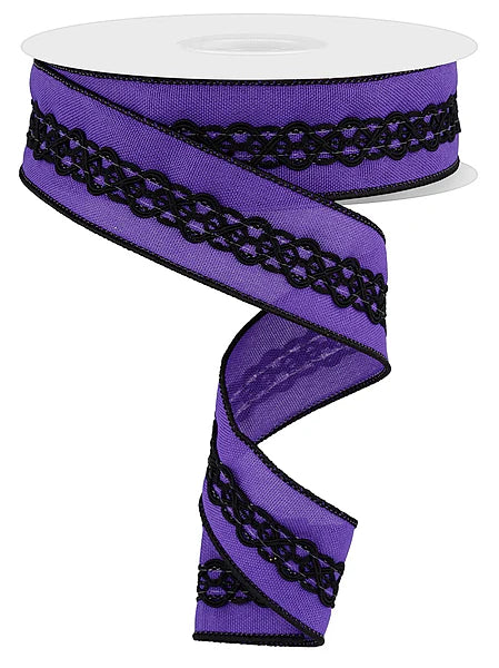 1.5"X10YD 2-IN-1 FAUX ROYAL/LACE PURPLE/BLACK