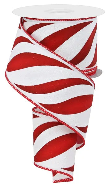 2.5"X10YD SWIRL CANDY STRIPE WHITE/RED/DK RED WIRED RIBBON - Burlap and Bling Decor