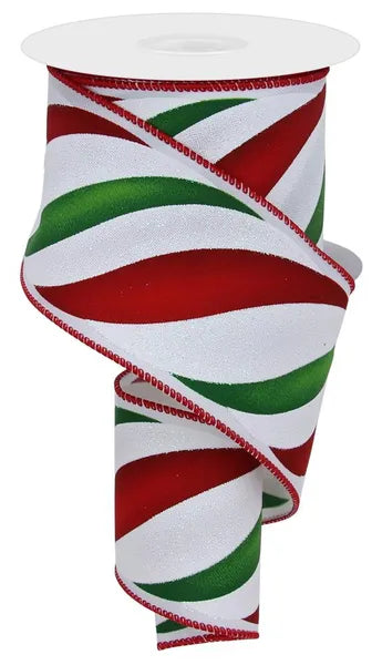 2.5"X10YD SWIRL CANDY STRIPE WHITE/RED/GREEN WIRED RIBBON - Burlap and Bling Decor