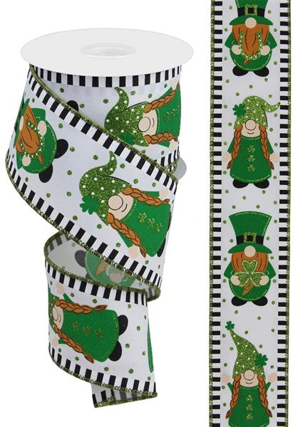 2.5"X10YD ST PATRICKS DAY GNOMES WHITE/GREEN/BLACK/WHITE - Burlap and Bling Decor