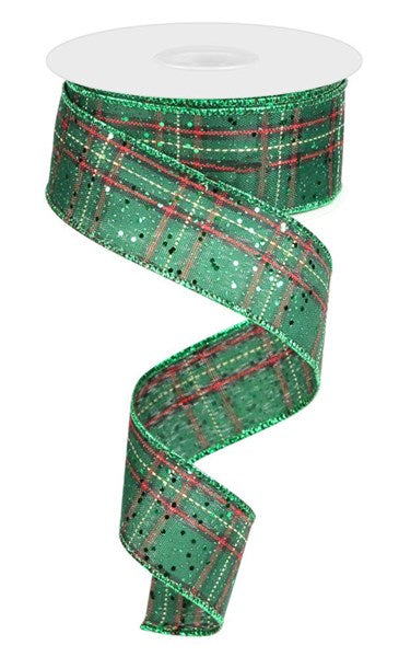 1.5"X10YD PLAID W/HEX GLITTER EMERALD GREEN/RED - Burlap and Bling Decor