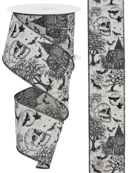 2.5"X10YD HAUNTED HOUSE/SKULL/TREES - Burlap and Bling Decor